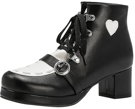 Generisch Stivali alla caviglia da donna Chunky Tacco a blocco basso con tacco tacco a punta quadrata stivaletti lacci lacci con cerniera stivali, Nero , 38 EU