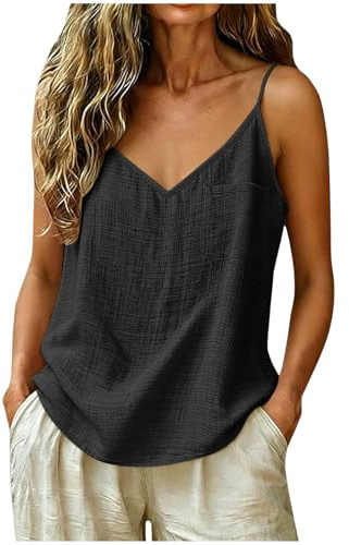 Camiseta sin Mangas Holgada de algodón y Lino para Mujer, Camiseta sin Mangas con Cuello en V y Tirantes Finos, Camisola de algodón para Mujer Talla Grande Fluid Loose Tank Top Sexy Camisola