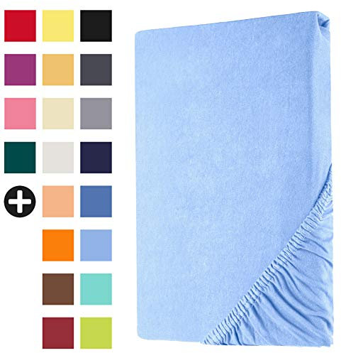 Heim24h Spannbettlaken 120x200cm bis 30 cm, Hellblau, 100% Baumwolle Bettlaken, Öko Tex Zertifiziert Jersey Spannbetttuch