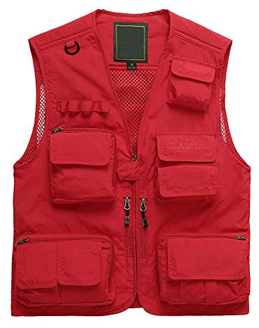 Shengwan Herren Outdoor Weste Multi-Taschened Anglerweste Freizeit Atmungsaktiv Jagd Fotografie Camping Westen Rot 3XL