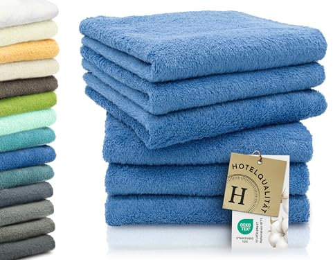 ZOLLNER 6er Set Handtücher in 50x100 cm - besonders weiche und saugstarke Gästehandtücher in blau - mit praktischem Aufhänger - waschbar bis 95°C - Baumwolle - Hotelqualität