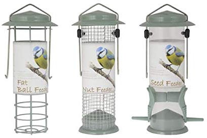 3PCS Sage Green Powder coated Heavy Duty Metal Bird Feeders Hanging Wild Garden Bird Seed, Nut and Fat ball Feeders, Hanging Feeders for Small Birds Garden Outdoors