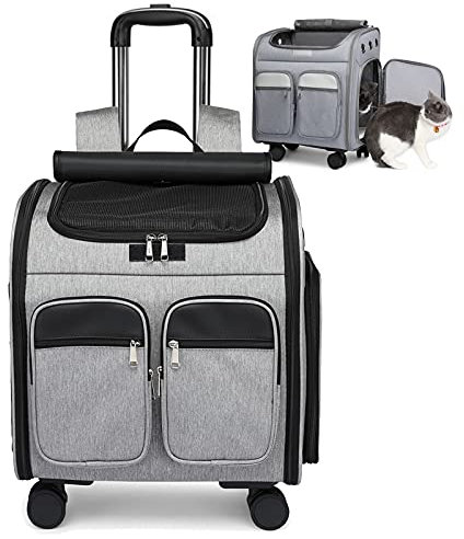 PJDDP Hundetrolley Hunderucksack Transporttasche Tragetasche Gepäcktasche Mit Schulterriemen Und Rollen Trolley Für Kleine Hunde/Katzen Bis Zu 22Lbs Outdoor-Einsatz,Grau