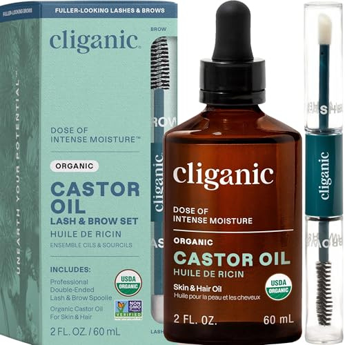 Cliganic Organic Castor Oil, 100% Pure (2oz Glass Bottle with Eyelash Kit) - For Eyelashes, Eyebrows, Hair & Skin (Packaging May Vary)
