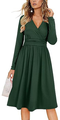 OUGES Kleid Damen Herbst Grün V-Ausschnitt Langarm Kleider Herbstkleid Knielang Winterkleid Midi Mit Taschen, M
