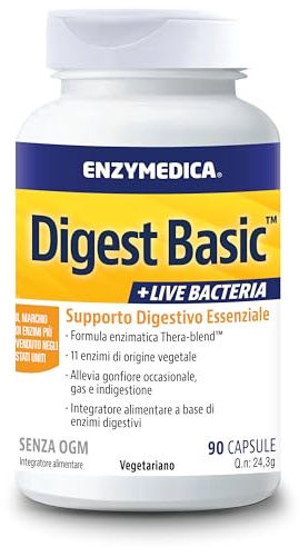 Enzymedica, Digest Basic + Live Bacteria, Integratore Alimentari con Enzimi Digestivi e Probiotici, Indicato per Irregolarità e Gonfiore Addominale, Gluten Free, Senza Lattosio, 90 Capsule