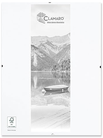 CLAMARO 'N°1' Marco de fotos sin marco con clip 20x50 cm | Moderno soporte para fotos para elegantes presentaciones de galería con respaldo de MDF laminado en blanco y vidrio acrílico