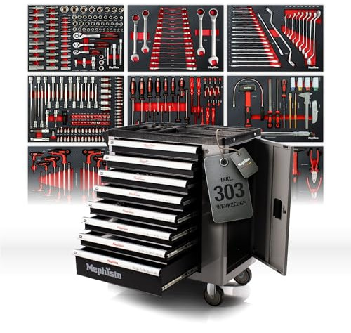 Mephisto Chariot à outils avec roulettes avec 8 tiroirs, dont 8 tiroirs avec outils tels que clés anglaises, cliquet avec boîte à noix, etc