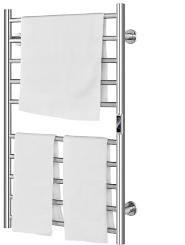GYMAX Scaldasalviette Elettrico a Parete, Porta Asciugamani in Acciaio Inox, Riscalda 30-60 °C, Timer, Include Accessori a Parete, 53 x 11 x 86 cm