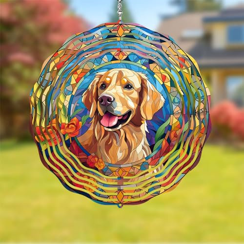 Golden Retriever Wind Spinner Pet Dog Memorial Gifts 3D Aluminum Metal Kinetic Hanging Wind Sculpture Spinners for Yard and Garden Indoor Outdoor Window Garden Decoration 8 Inch (Golden Retriever 1)
