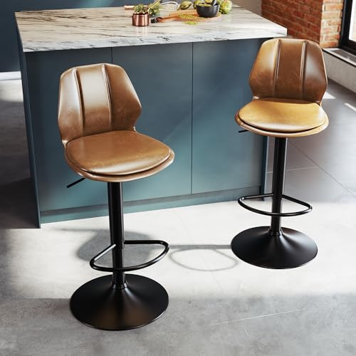 SONNI Barstol set om 2, barstolar, justerbar höjd, 360° snurrstol, köksstolar med ryggstöd och fotstöd, robust metallram, mysig PU mjuk sits, sitthöjd 88–108 cm, brun
