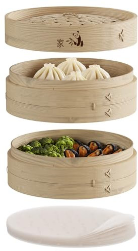 Prime Home Direct Bamboo Steamer Basket 8-Inch | 2-Tier Steamer for Cooking | 50 Liners | Small Instant Steaming Cookware Asian Food, Bao Buns, Chinese, Dim Sum, Dumpling, Rice, Vegetable Steam Pot
