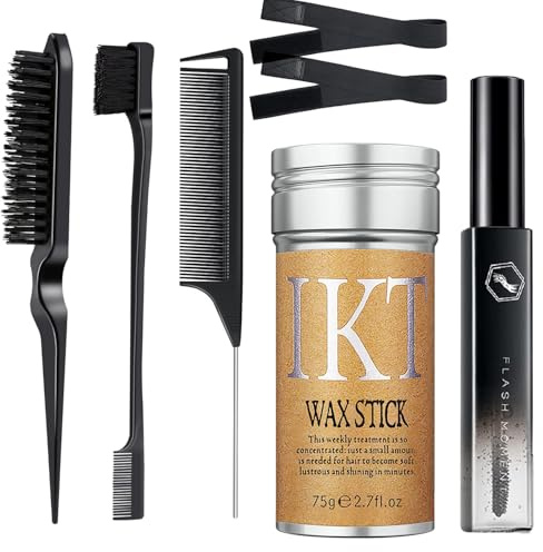 Set de depilación y alisado de 7 piezas para mujer - set de peinado para cabello rebelde y grueso con barras de cera, barras de alisado, peines, bandas elásticas (peine negro)