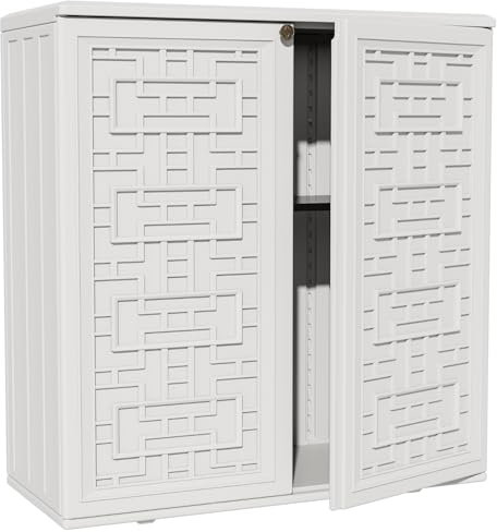 ZZM HDPE Outdoor Storage Shed, Outdoor Plastic Storage Cabinet, Horizontal Resin Tool Shed for Garden, All Weather Outdoor Storage Clearance, DIY Usage, with one Shelf (White)