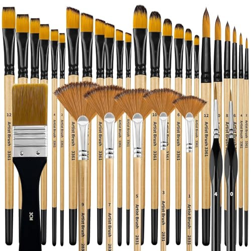 Pinselset Acrylfarben,32 Stück Pinsel Set,Pinselset Malen,Künstlerpinsel,Acryl Pinsel Set,Hochwertige Pinsel Mit Holzgriffen,Feine Malpinsel Für Acryl,Aquarell,Öl,Gouache,Steinmalerei für Künstler