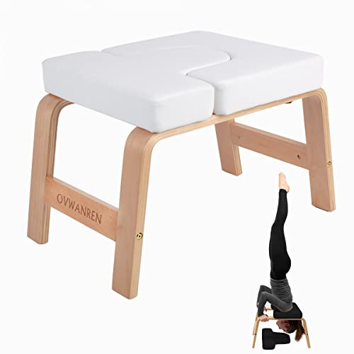 ovwanren Yoga Headstand Bench- Stand Yoga Chair for Family, Gym - Wood and PU Pads - Relieve Fatigue and Build Up Body (beige)