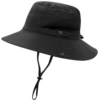 YAMEIZE Sommar vattentät hink hatt med snöre för kvinnor män barn vuxna UV-skydd stark rem hatt fiske vandring klättring, Svart vuxen, one size