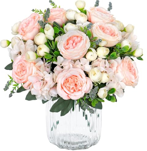 SOMYTING 4 paquetes de flores artificiales de peonía, ramo de flores artificiales, flores de hortensia, peonías de seda, ramos de flores para bodas, centros de mesa, arreglos florales (canela rosa)