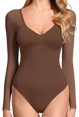 GJY Body da donna, sexy, con scollo a V, a maniche lunghe, in rete, con schiena scoperta, per modellare il corpo, tuta monopezzo, adatto per uscire, Rosso-bruno, M