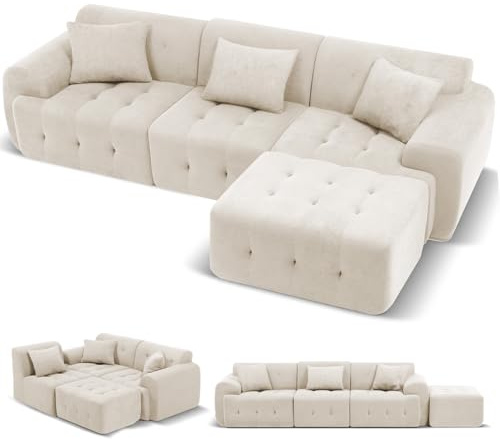 COMHOMA Hörnsoffa, 245 x 60 x 40 cm, Modulär soffa med bäddfunktion, Bäddsoffa, L-formad soffa för vardagsrum, Vakuumförpackad, Flexibelt kombinerbar med ottoman, Beige