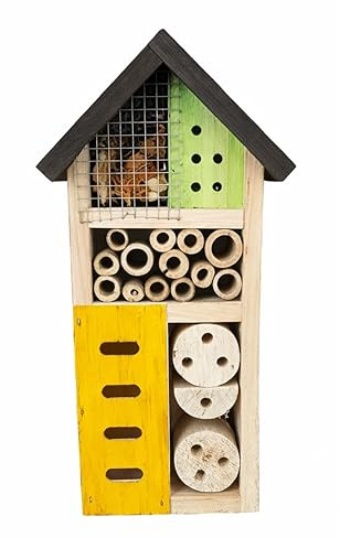 Hotel per insetti in legno colorato – capanno per api e coccinelle – Casa per insetti da giardino ecologica da appendere – Scomparti naturali – 26 cm