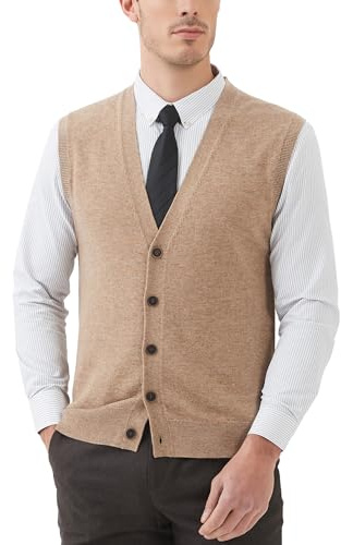 Kallspin Men's Sweater Vest Wool Blend V-Neck Button Sleeveless Cardigan Vest Sweater (Coffee, Medium)