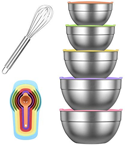 Mixing Bowl Set, Dveda 5 Pcs Stainless Steel Nesting Mixing Bowls Set, Salad Bowl with Lids for Kitchen Cooking Baking Supplies, Including 6 Pcs Measuring Spoons, 1 Pc Egg Whisk