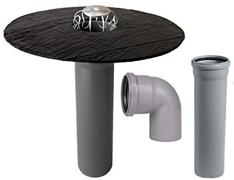 Desagüe para tejado plano DN 70, incluye colector de hojas opcionalmente con arco y tubo HT, brida de betún, entrada, drenaje de tejado, DN 75 (arco de 87° + tubo HT de 150 mm)