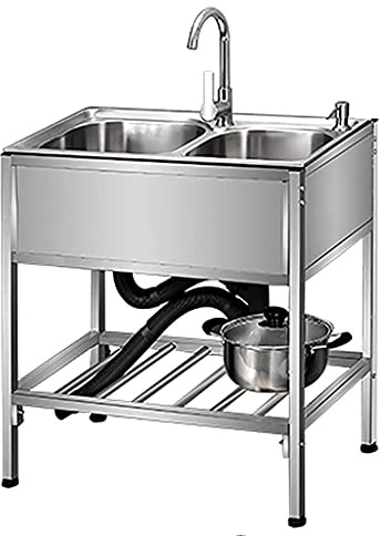 CGF- Kitchen Stainless Steel Sink, Single and Double Sink, Free-Standing Sink, Mobile wash Basin, with Stand, 72x39x80cm