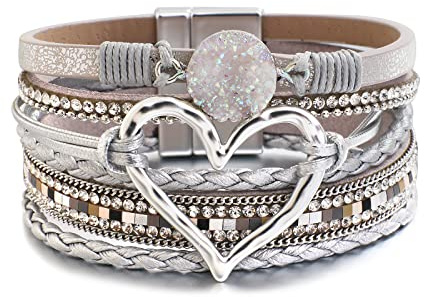 hotoo Leather Wrap Bracelet for Women Silver Beaded Cuff Bracelet with Heart-shape Decor Bohemian Crystal Bracelet Jewelry with Clasp Bangle Bracelet for Women Birthday Holiday Gift