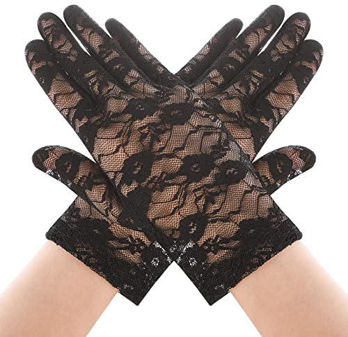 Yolev Schwarz Spitzenhandschuhe Damen Kurze Netzhandschuhe Braut Hochzeit Blumen Handschuhe für Oper Abendessen Teeparty Beerdigung