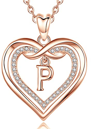 AEONSLOVE Collar Inicial Corazón para Mujer Colgante Nombre Personalizado con Cubic Zirconia Collar Letra Cobre Bañado en Oro Rosa, Cadena de 50,8 CM