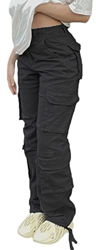 Viatabuna High Waisted Cargo Pants for Women Baggy Y2k Straight Wide Leg Pants with Pockets Streetwear A-Black
