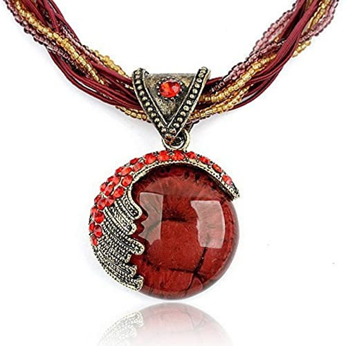 RIXERKOC Retro Vintage böhmische Halskette für Frauen Mädchen böhmische Aussage Perlen Türkis Strass Anhänger Kragen Halskette Modeschmuck (Rot)