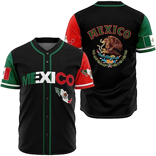 Camiseta de béisbol de México para hombre, camisas de béisbol con botones de águila de México, camisetas de béisbol con bandera mexicana, Negro -, 4X-Large