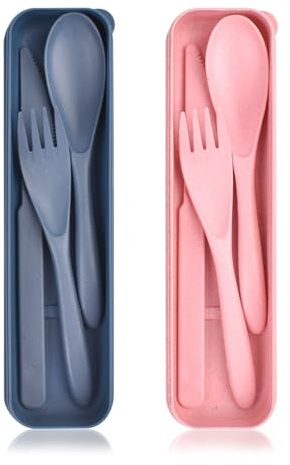 Utensili da viaggio con custodia, posate in plastica riutilizzabili, set di posate da viaggio, set di posate per viaggi, lavoro, scuola, picnic, campeggio o uso quotidiano (rosa, blu)