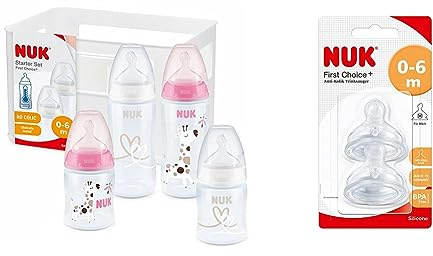 NUK First Choice+ Babyflaschen Starter Set | 0–6 Monate & First Choice+ Anti-Colic-Trinksauger Silikon, kiefergerechte NUK Form, Größe 1 (0-6 Monate) M für Milch, 2 Stück (1er Pack)