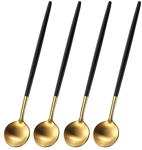 DEHOV 4 PCs 6.7 Inches Brush Gold Stainless Steel 304 Iced Tea Spoons with Black Handle,Long Handle Coffee Stirring Spoon,SS18/10 Matte Gold Black Handle Teaspoons