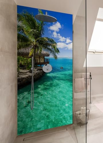 Wallario Selbstklebende Duschrückwand 70 x 190 cm mit Motiv Karibisches Meer Einsame Hütte unter Palmen - Wandverkleidung Fließenersatz mit Hochglanzlaminat in Glasoptik