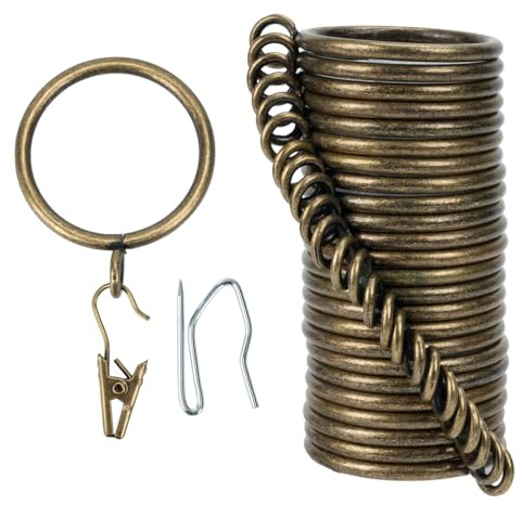 Lot complet de 24 anneaux de rideaux et crochets de 25 mm de diamètre intérieur avec anneaux de tringle, crochets et clips pour deux rideaux standard Bronze TXZWJZ