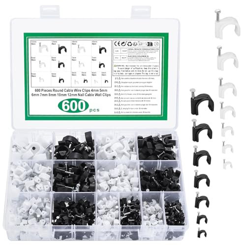 600 STK Kabelschellen Nagelschellen, Kabelclips Schwarz Weiß, Kabelklemmen mit Nagel, Kabelhalter Kabelbefestigung Wand, Kabelschellen Befestigungen für Netzwerkkabel, 4mm 5mm 6mm 7mm 8mm 10mm 12mm