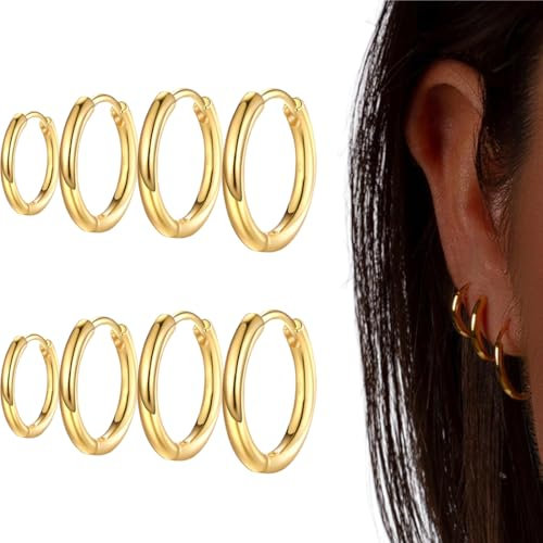 4 Paia di Orecchini in Acciaio Inossidabile Orecchini a Cerchio Piccoli, Leggeri, Acciaio Inossidabile, Cartilagine, Forma a Cerchio, Ipoallergenico (Oro)