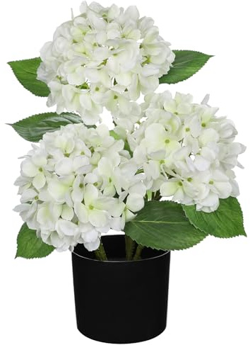 Hollyone 48 cm hortensia konstgjorda blommor i svart kruka, 19 cm stora falska hortensior, vita silkesblommor, dekorativa krukväxter för heminredning, vardagsrum, bord, skrivbord, köksdekorationer