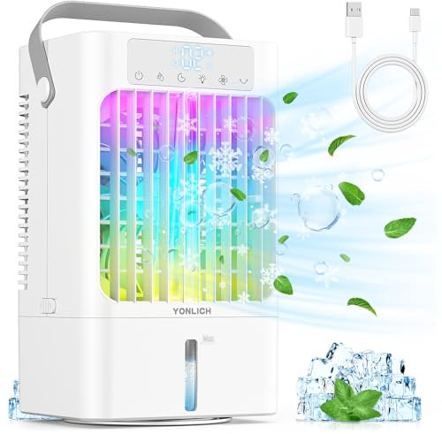 Air Cooler, YONLICH 4 in 1 Portable Air Conditioner, 900ML Mini Air Conditioning Unit, 3 Wind Speeds Cool Mist, 1-8H Timer, 90°Oscillation and 7 LED Light, Small Air Conditioner for Home Office