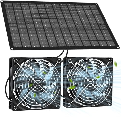 Vankarr Ventilador Solar Exterior 15W Ventilador de Panel Solar Kit de Panel Solar con Doble Ventilador de CC para Invernadero, Gallinero y Cobertizo, Resistente al Agua