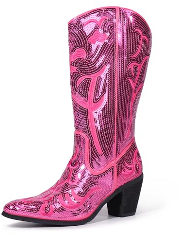 Hawkwell Bottes de cowboy western à paillettes pour femme - Longueur mi-mollet - À enfiler - Fermeture éclair - Bout pointu - Brodées