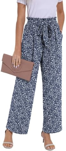PrinStory Womens Wide Leg Trousers Lightweight Elasticated Waist Summer Pants With Pockets Causal Work Trousers