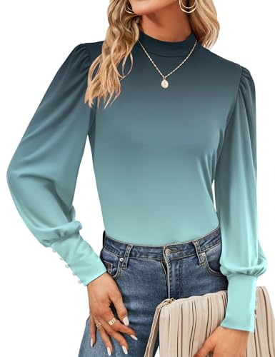 Women's Turtleneck Tops Long Sleeve Puff Sleeve Blouses Autumn Elegant Tunic Loose Fit Button Cuffs Shirt (16-18,Blue & White Gradient)