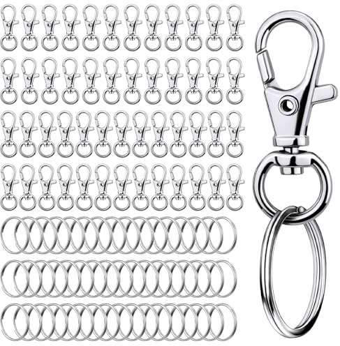 Lot de 100 porte-clés, 50 clips porte-clés, crochets et 50 anneaux porte-clés, fermoirs mousquetons avec anneaux porte-clés, accessoires pour la fabrication de bijoux