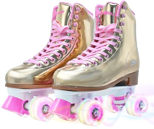 Roller Skate for Women, High-Top PU Leather Quad Skates Size 11 for Beginner, Laser Shiny Gold Double-Row Rollerskates for Girls Ages 8-50 Outdoor and Indoor